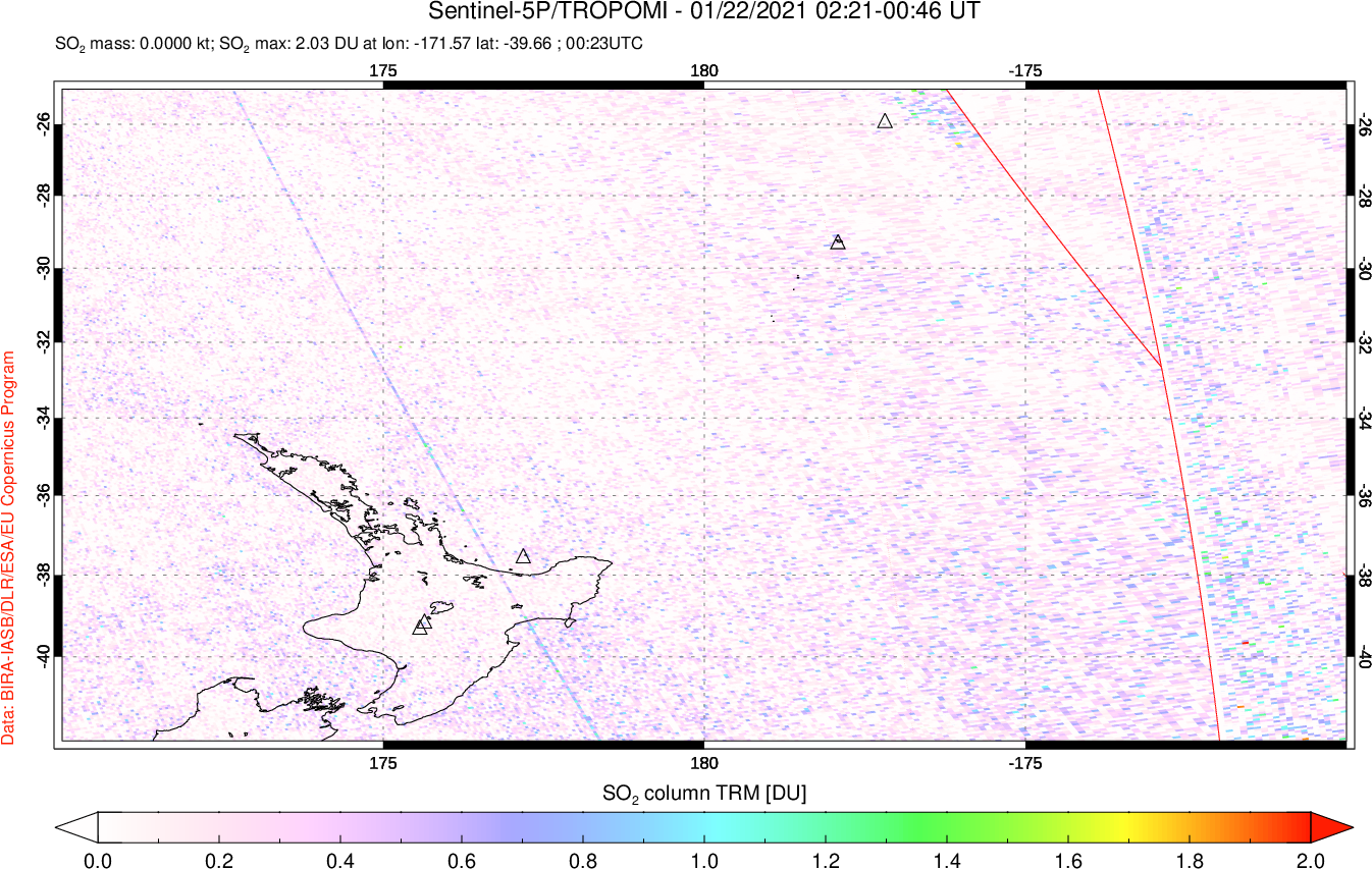 A sulfur dioxide image over New Zealand on Jan 22, 2021.