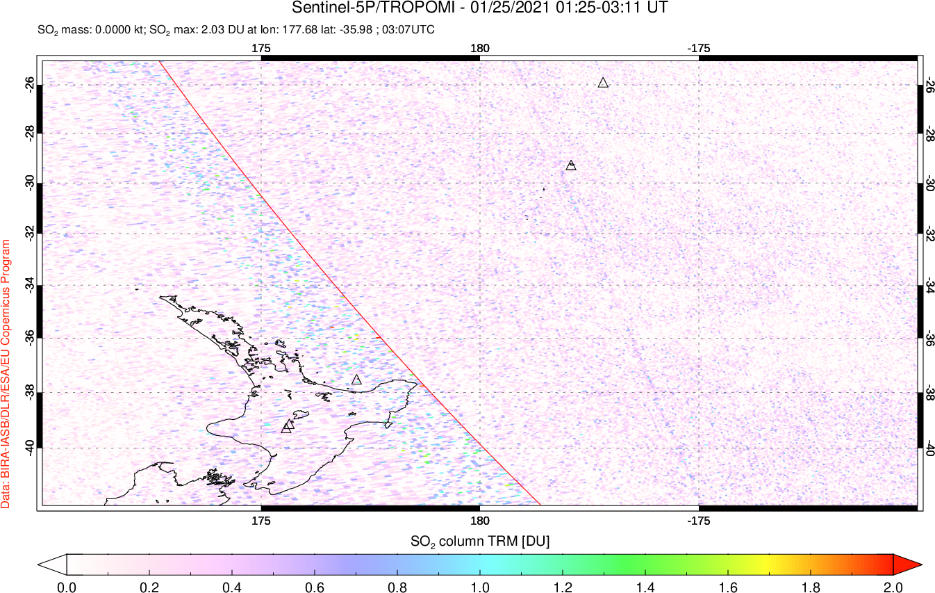 A sulfur dioxide image over New Zealand on Jan 25, 2021.