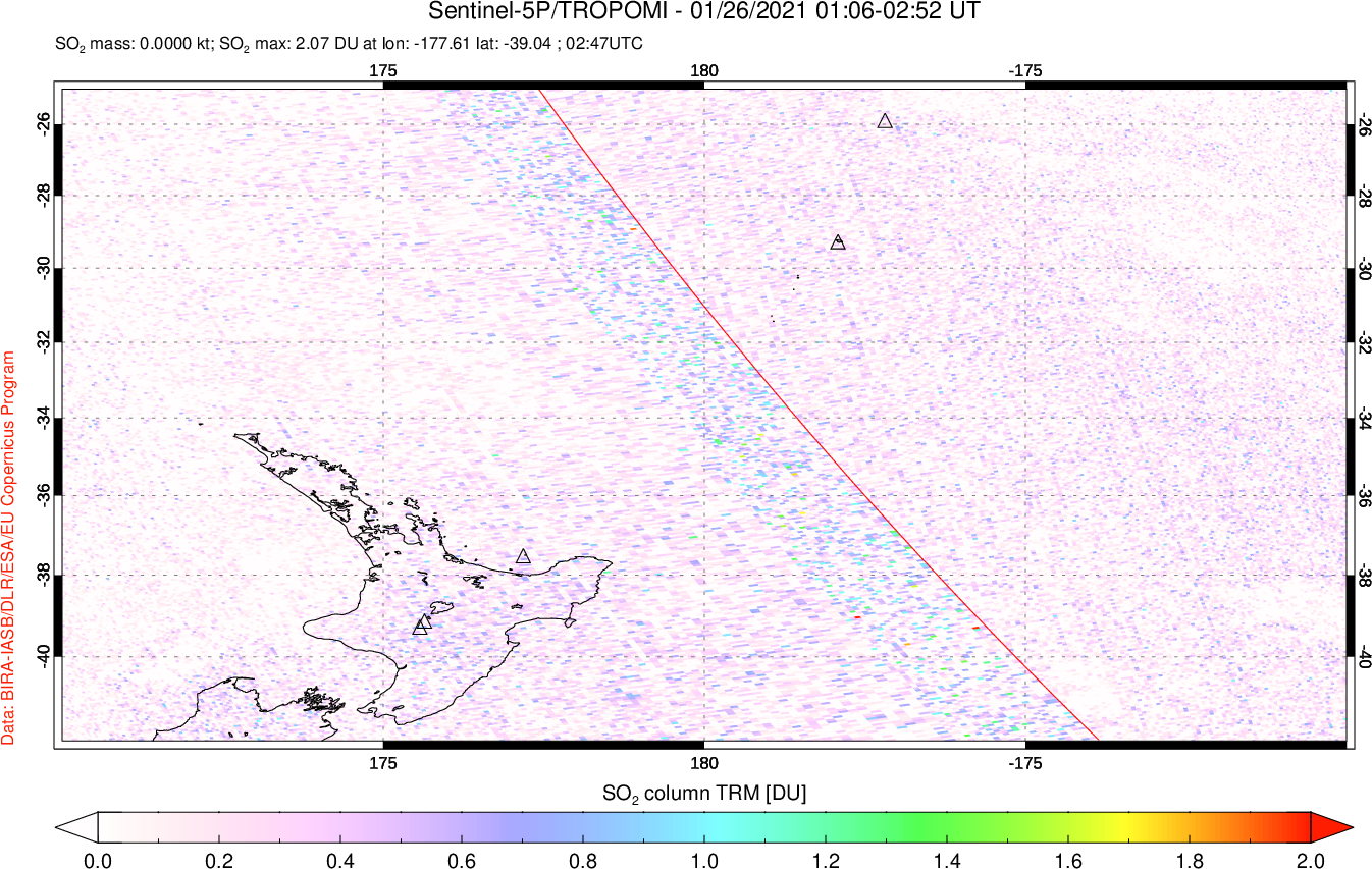 A sulfur dioxide image over New Zealand on Jan 26, 2021.