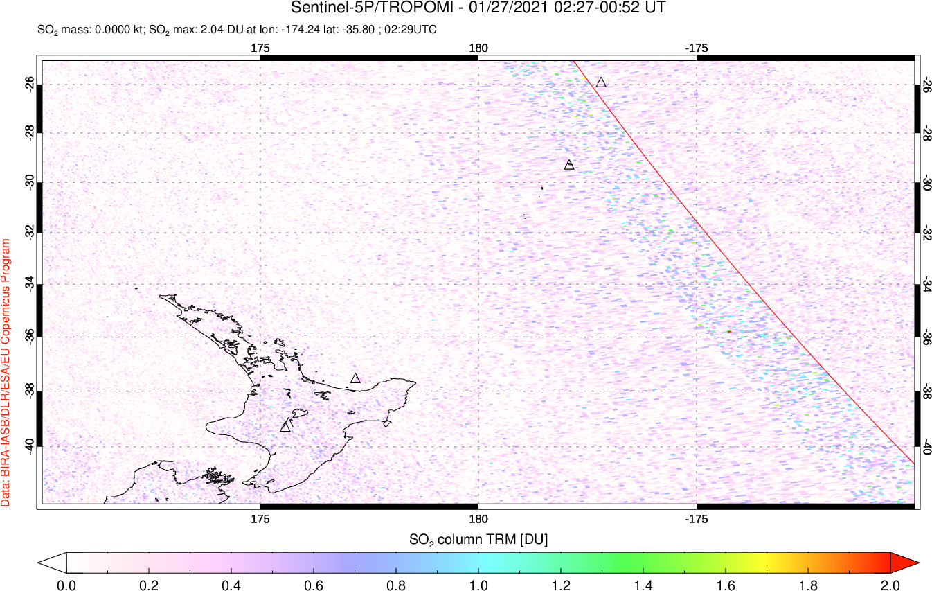 A sulfur dioxide image over New Zealand on Jan 27, 2021.
