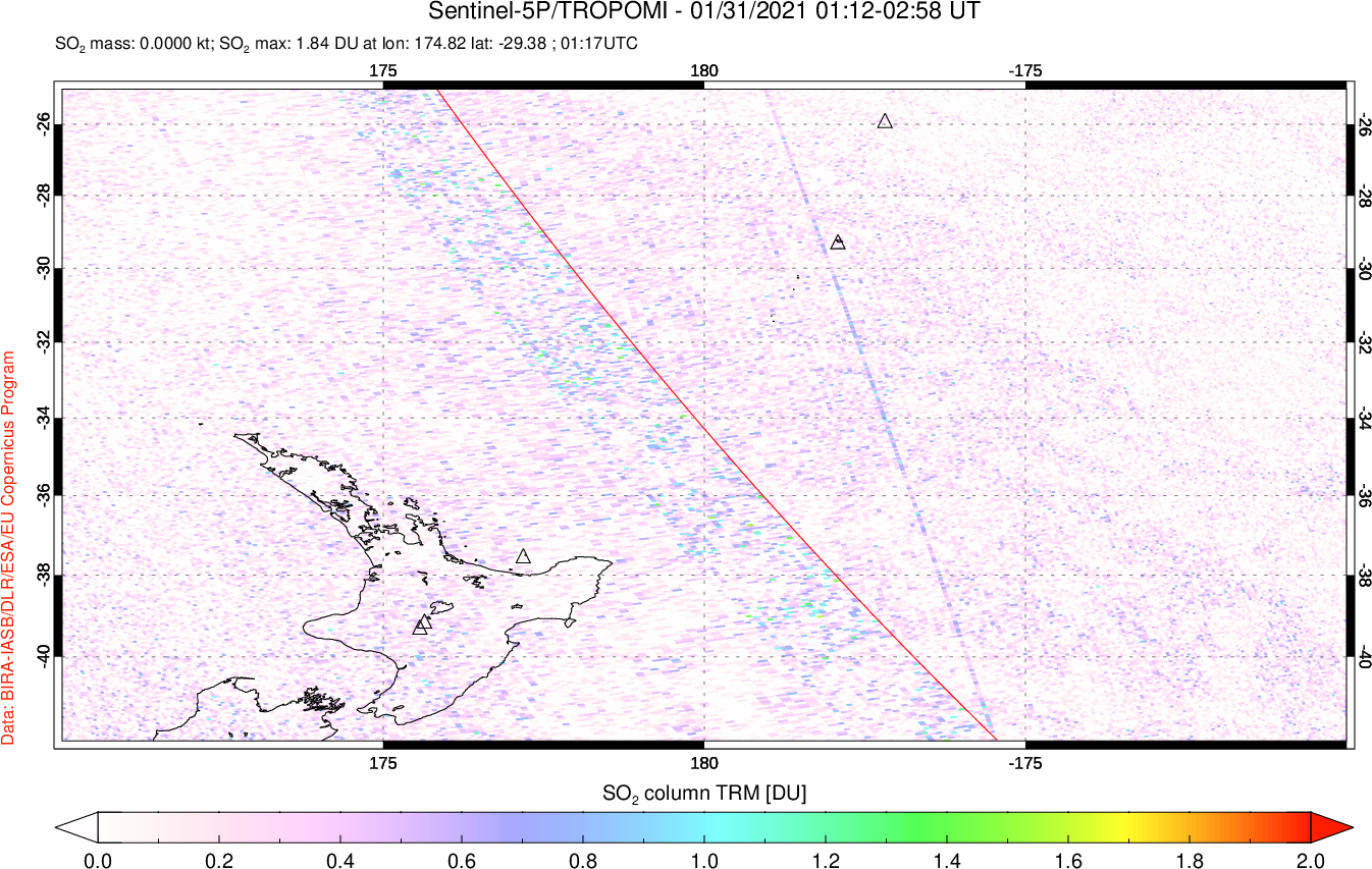 A sulfur dioxide image over New Zealand on Jan 31, 2021.