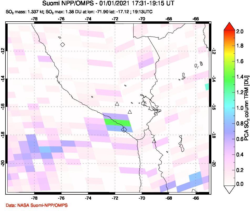 A sulfur dioxide image over Peru on Jan 01, 2021.