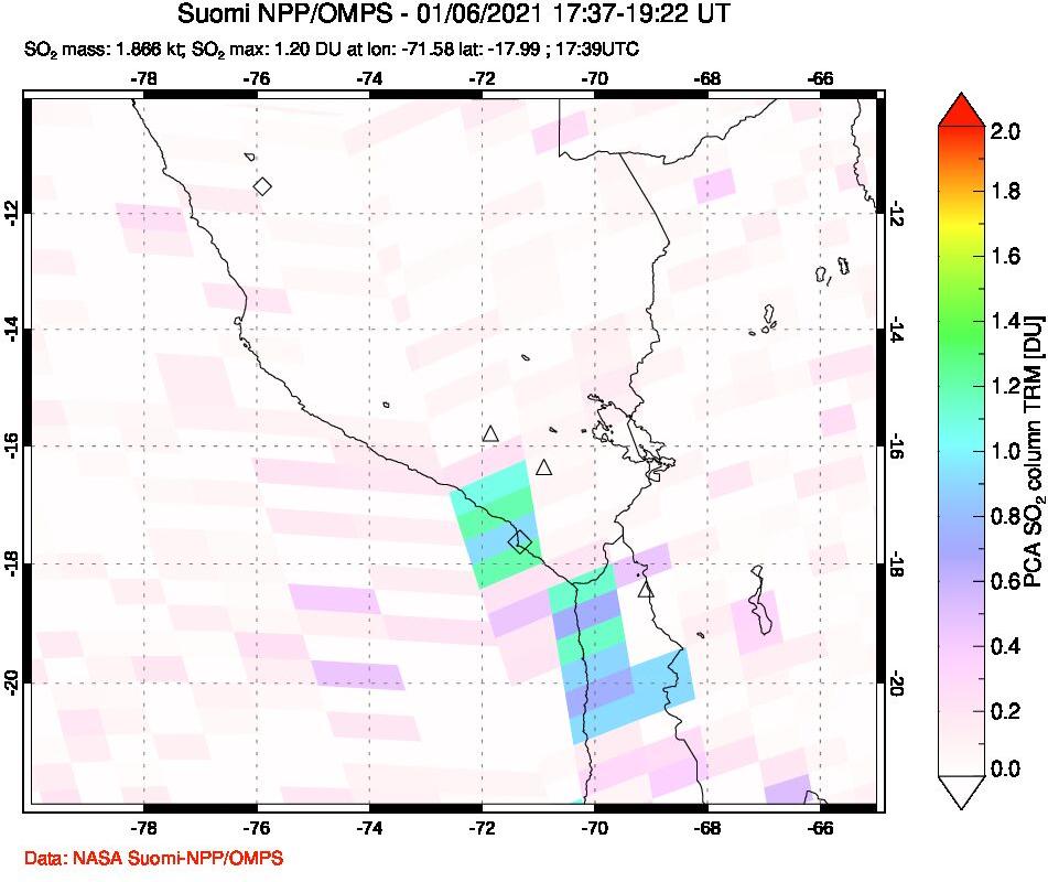 A sulfur dioxide image over Peru on Jan 06, 2021.