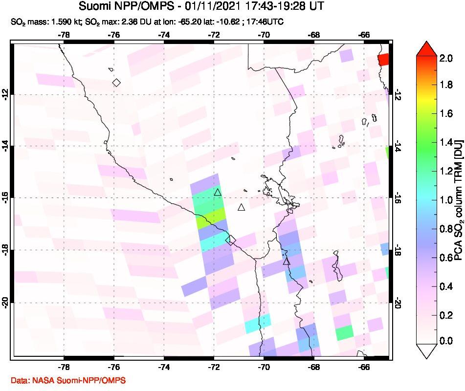 A sulfur dioxide image over Peru on Jan 11, 2021.
