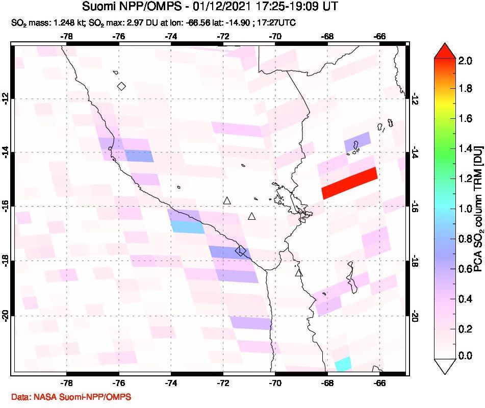 A sulfur dioxide image over Peru on Jan 12, 2021.