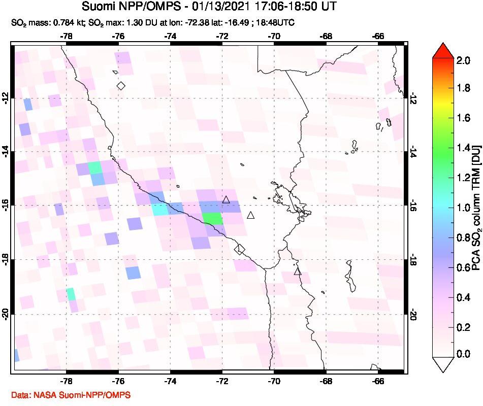 A sulfur dioxide image over Peru on Jan 13, 2021.