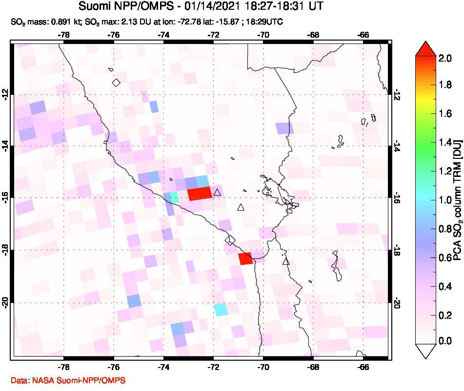 A sulfur dioxide image over Peru on Jan 14, 2021.