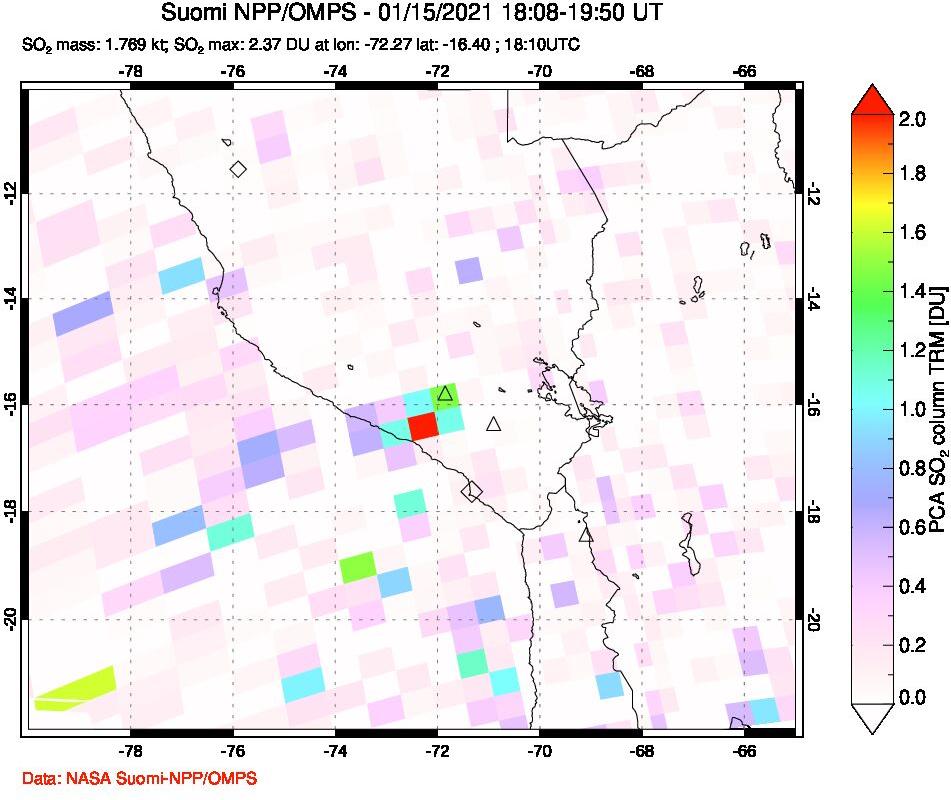 A sulfur dioxide image over Peru on Jan 15, 2021.