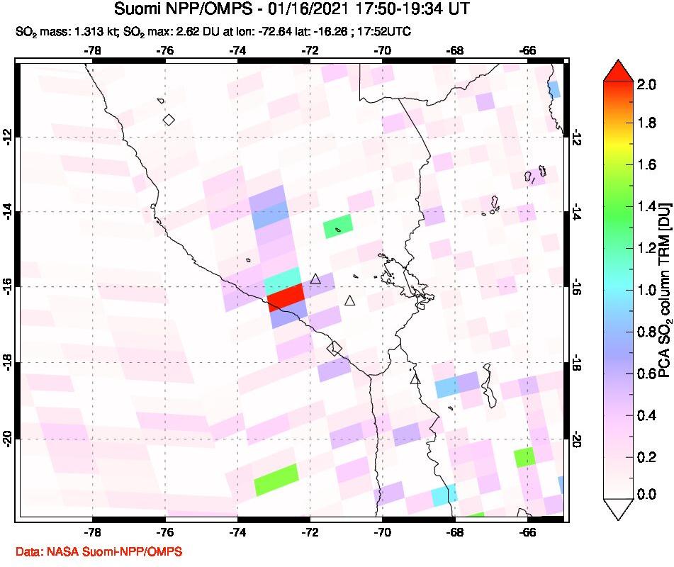 A sulfur dioxide image over Peru on Jan 16, 2021.