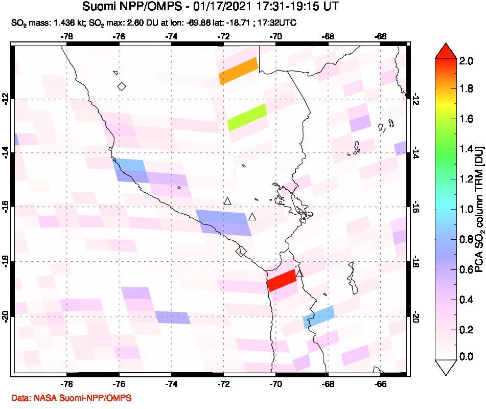 A sulfur dioxide image over Peru on Jan 17, 2021.