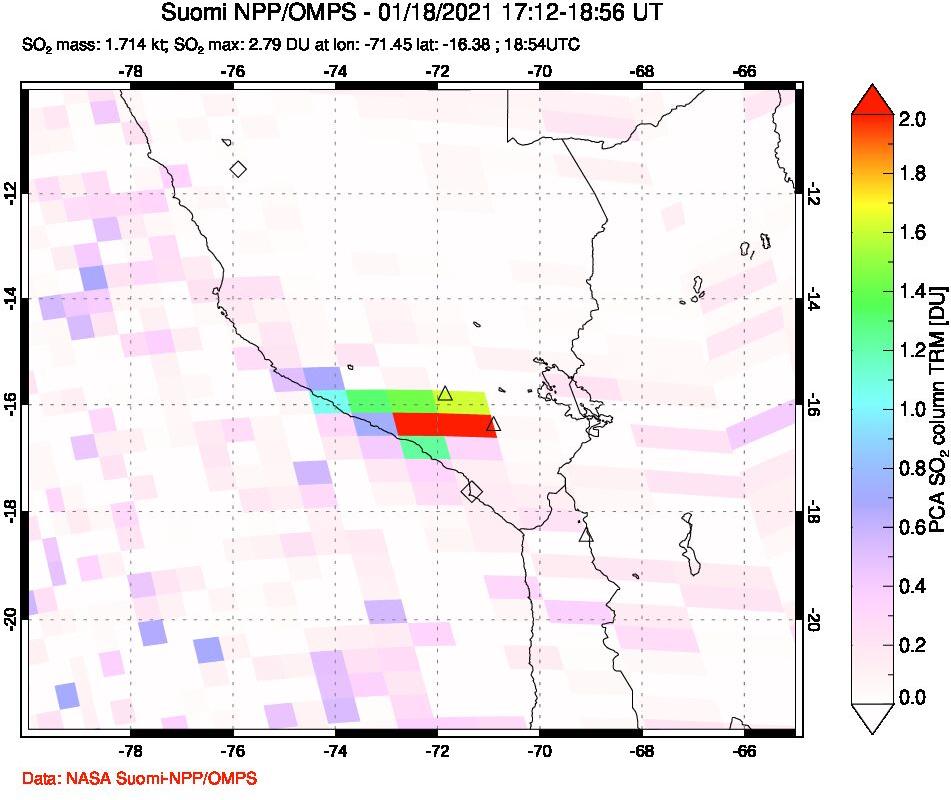 A sulfur dioxide image over Peru on Jan 18, 2021.