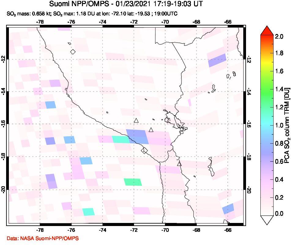 A sulfur dioxide image over Peru on Jan 23, 2021.