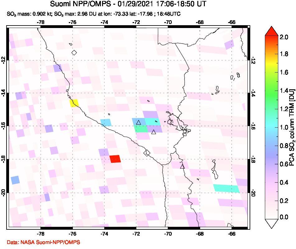 A sulfur dioxide image over Peru on Jan 29, 2021.