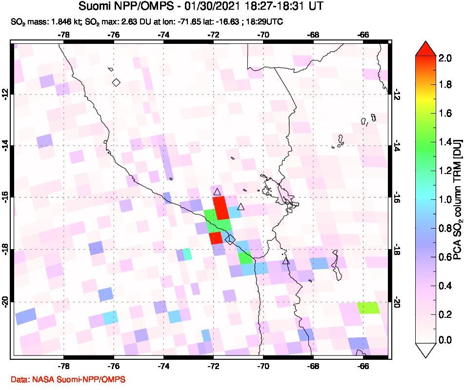 A sulfur dioxide image over Peru on Jan 30, 2021.