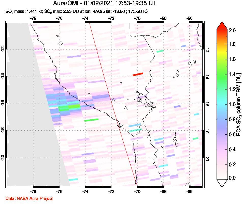 A sulfur dioxide image over Peru on Jan 02, 2021.