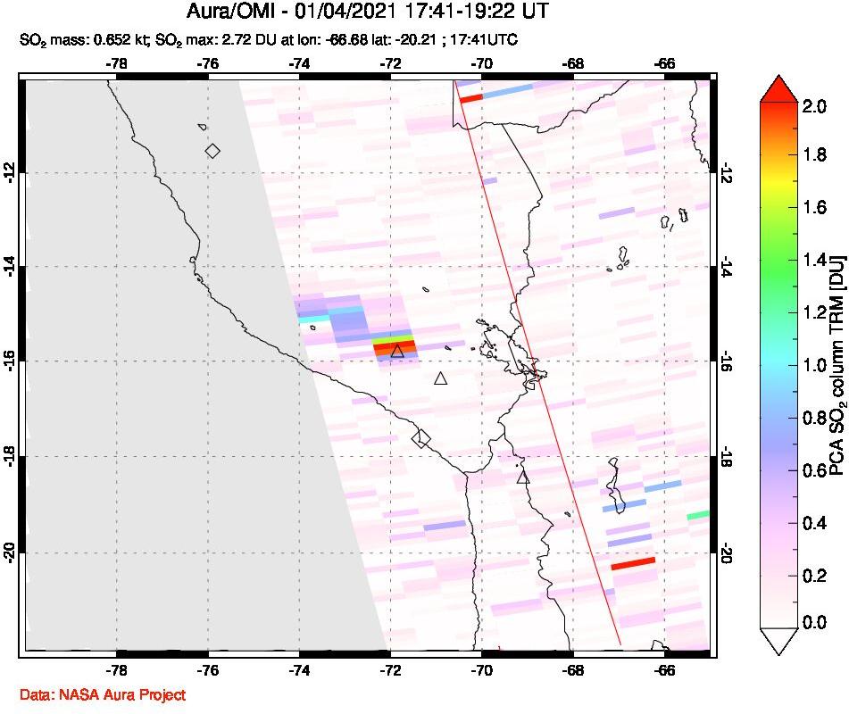 A sulfur dioxide image over Peru on Jan 04, 2021.