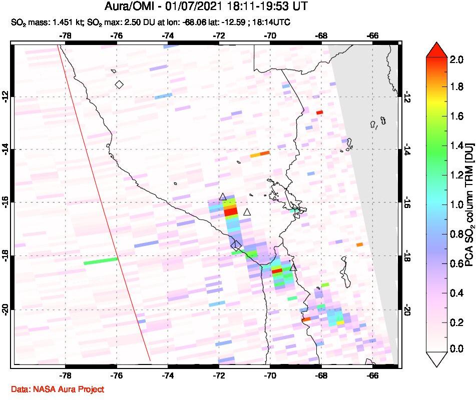 A sulfur dioxide image over Peru on Jan 07, 2021.