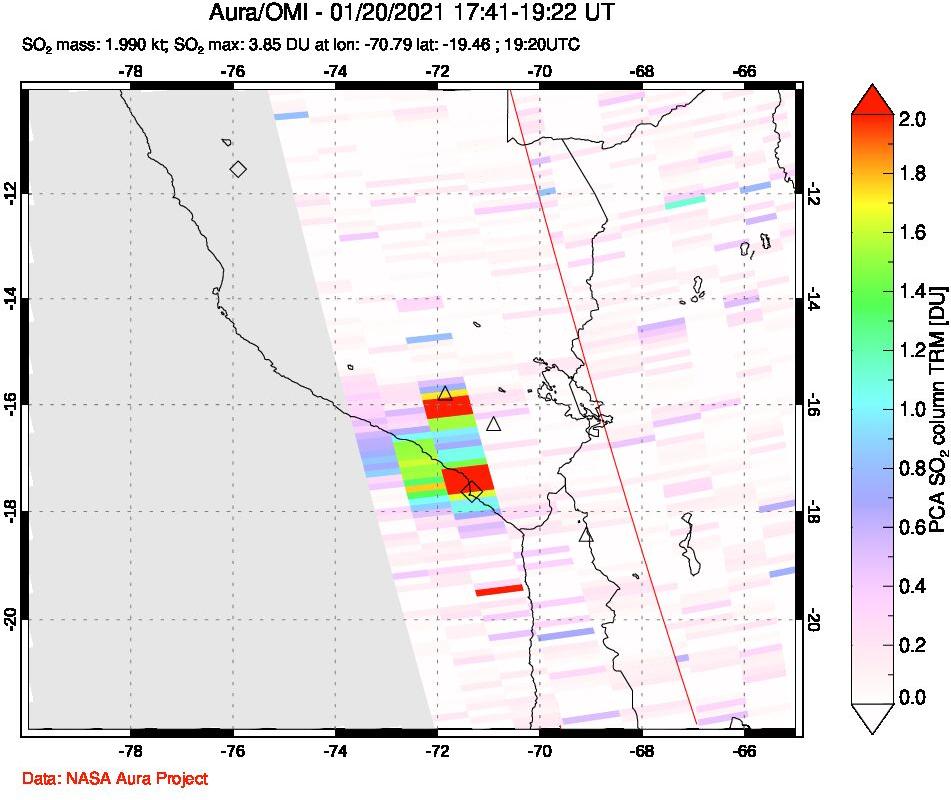 A sulfur dioxide image over Peru on Jan 20, 2021.