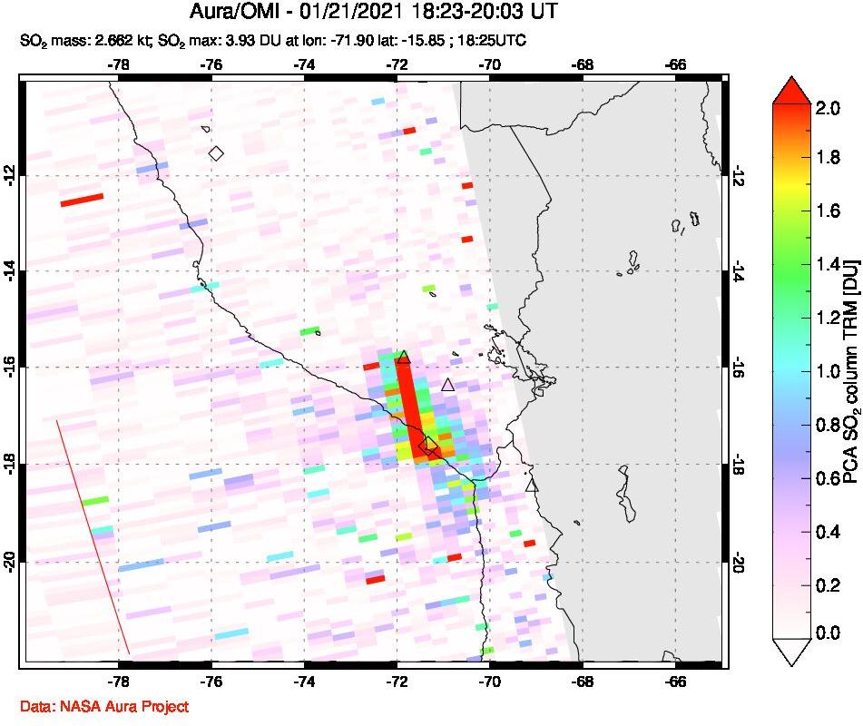A sulfur dioxide image over Peru on Jan 21, 2021.