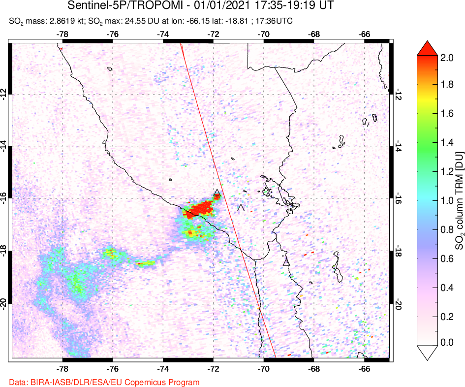 A sulfur dioxide image over Peru on Jan 01, 2021.