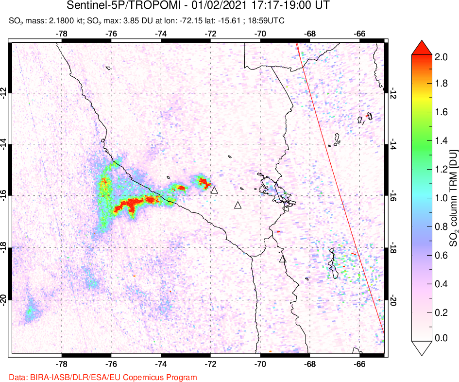 A sulfur dioxide image over Peru on Jan 02, 2021.