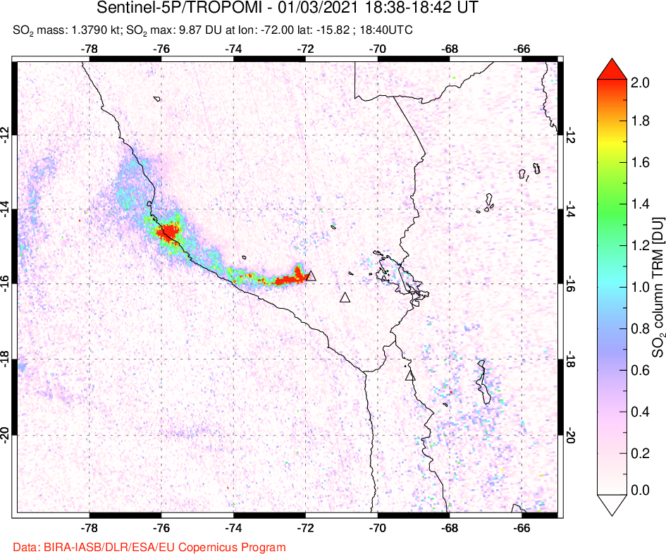 A sulfur dioxide image over Peru on Jan 03, 2021.