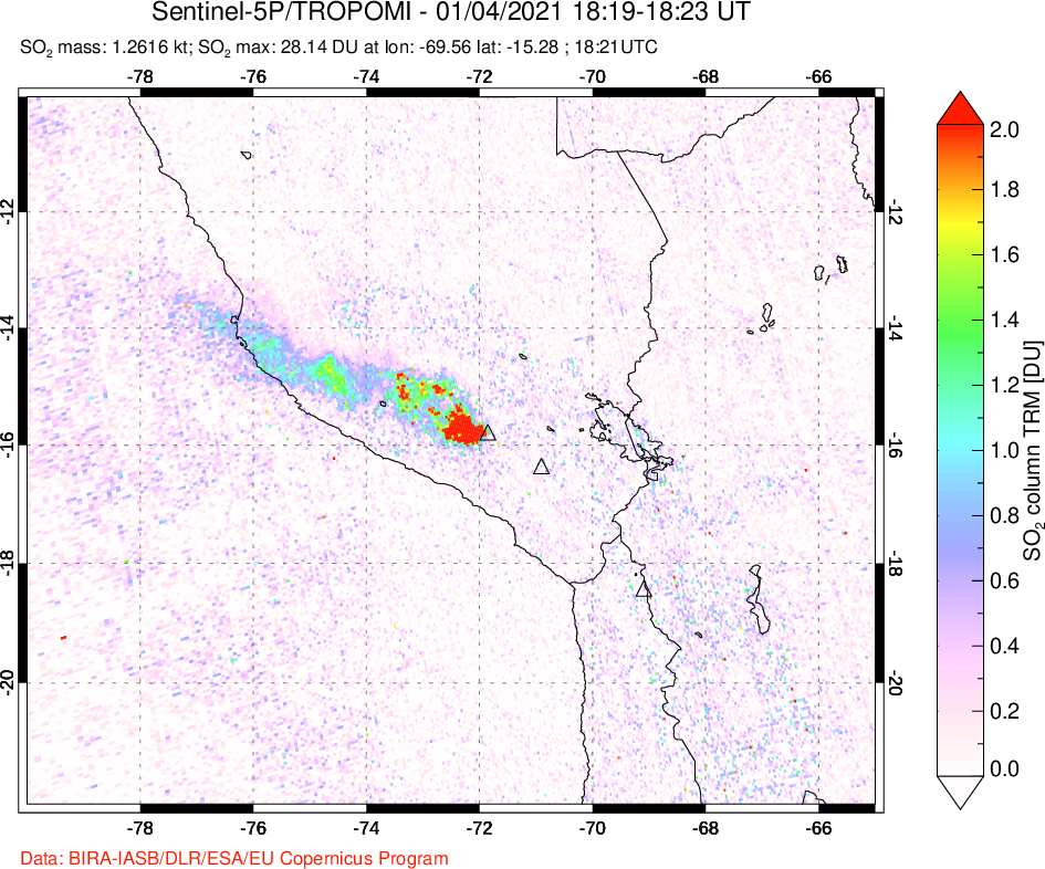 A sulfur dioxide image over Peru on Jan 04, 2021.