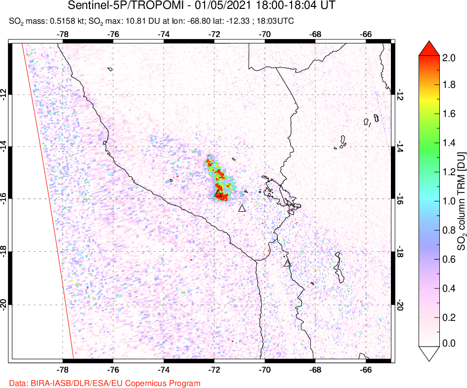 A sulfur dioxide image over Peru on Jan 05, 2021.