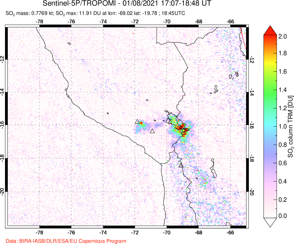 A sulfur dioxide image over Peru on Jan 08, 2021.