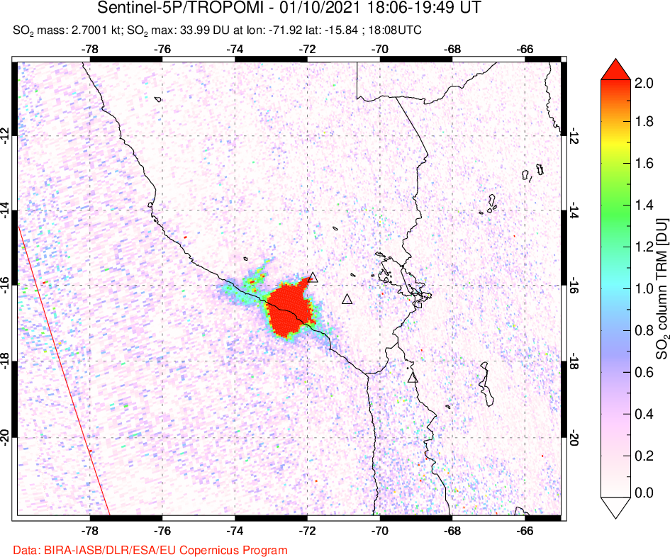 A sulfur dioxide image over Peru on Jan 10, 2021.