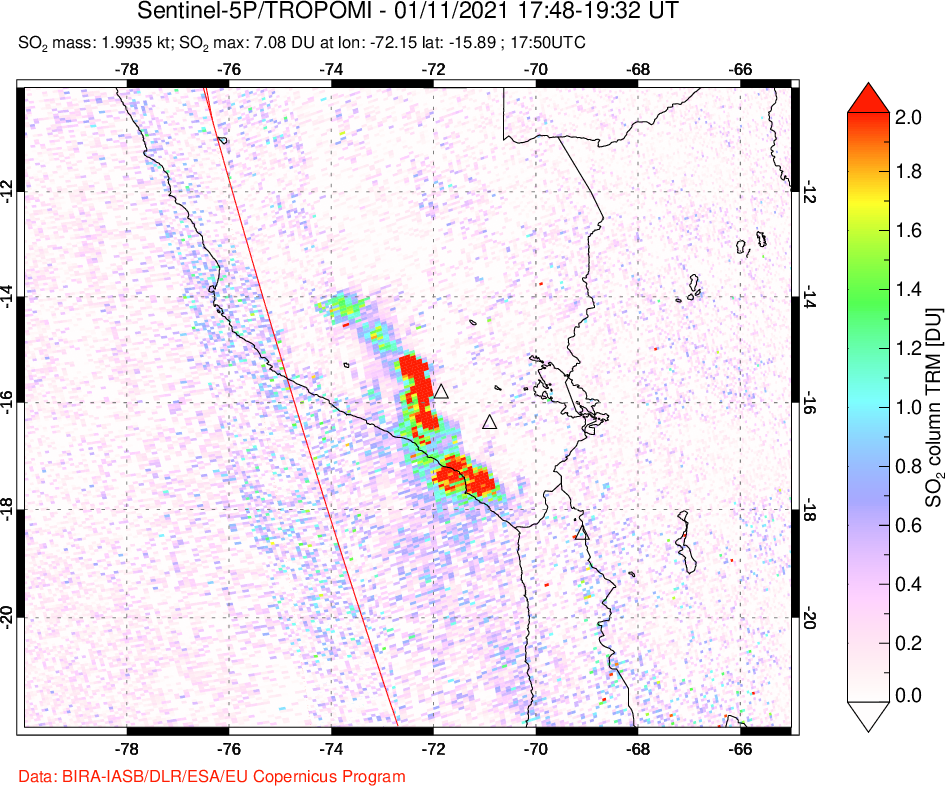 A sulfur dioxide image over Peru on Jan 11, 2021.