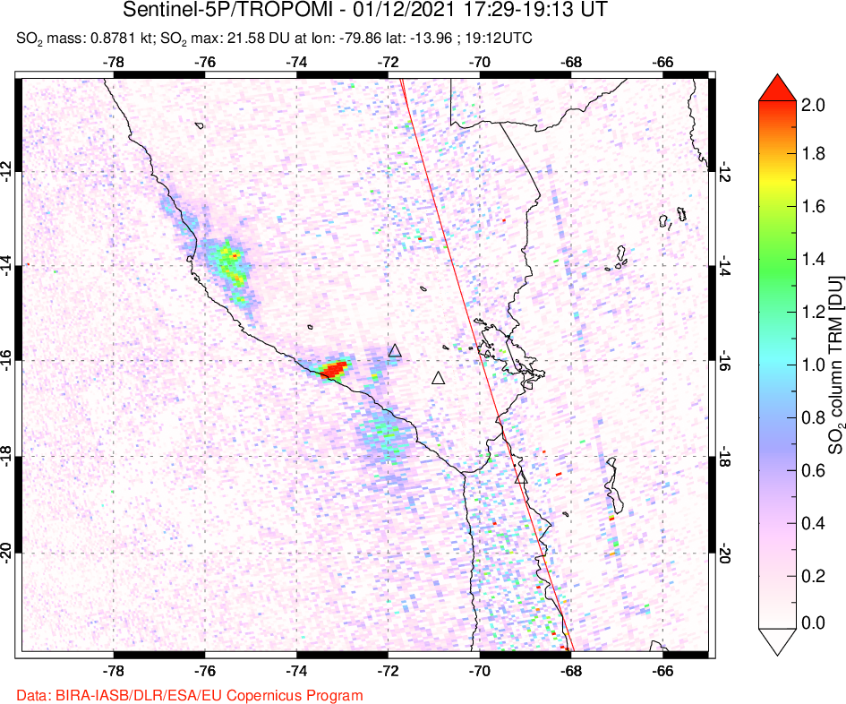A sulfur dioxide image over Peru on Jan 12, 2021.
