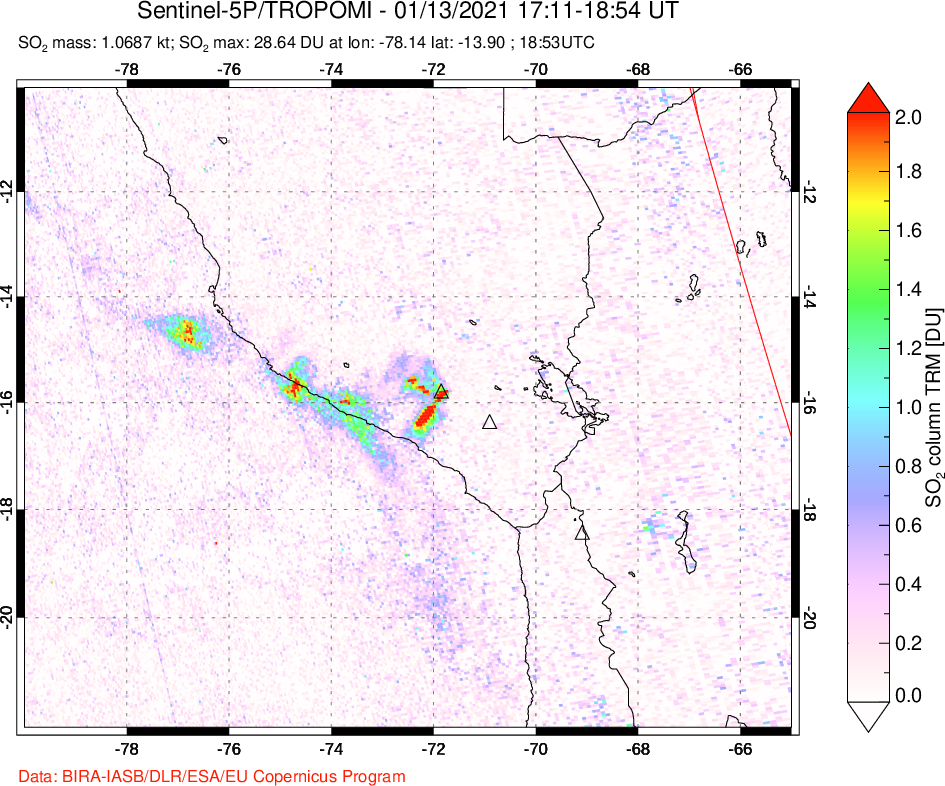 A sulfur dioxide image over Peru on Jan 13, 2021.