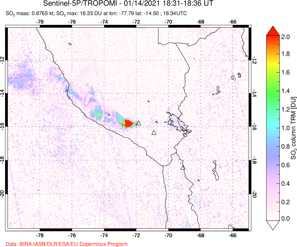 A sulfur dioxide image over Peru on Jan 14, 2021.