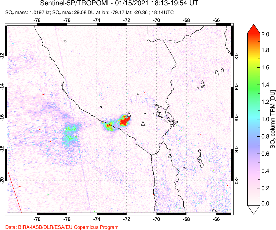 A sulfur dioxide image over Peru on Jan 15, 2021.