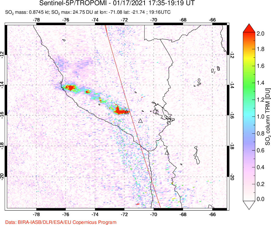 A sulfur dioxide image over Peru on Jan 17, 2021.