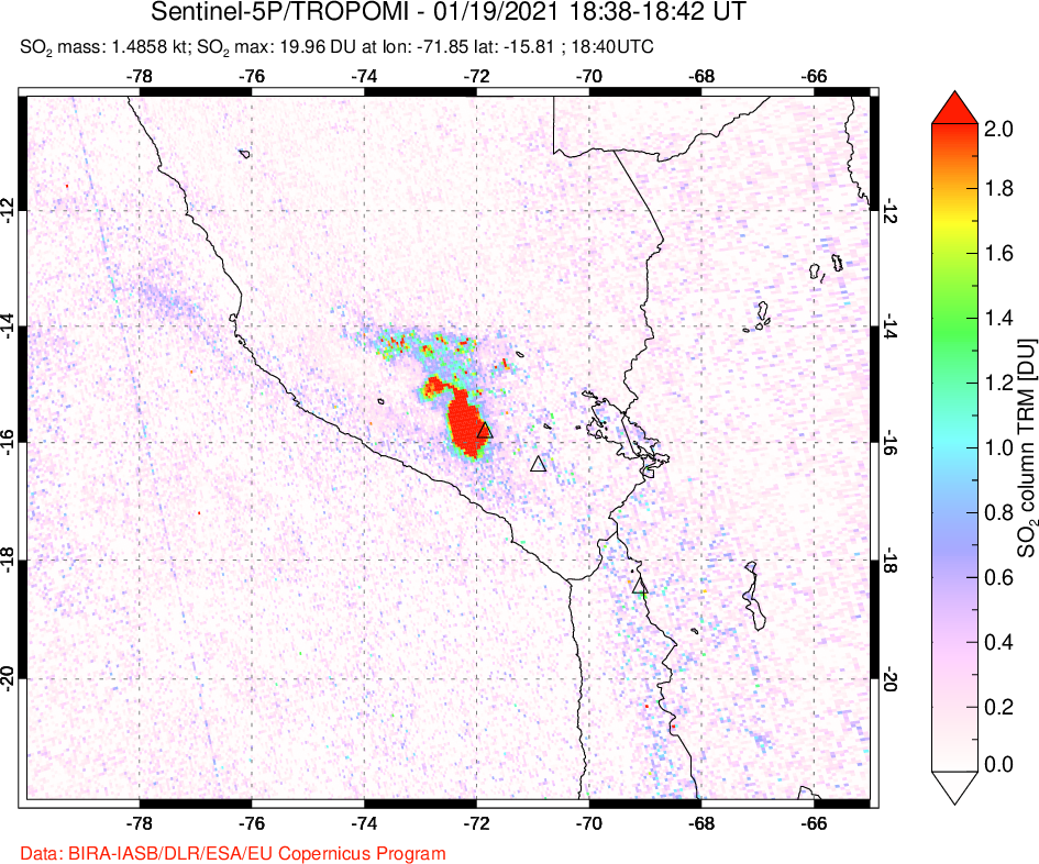 A sulfur dioxide image over Peru on Jan 19, 2021.