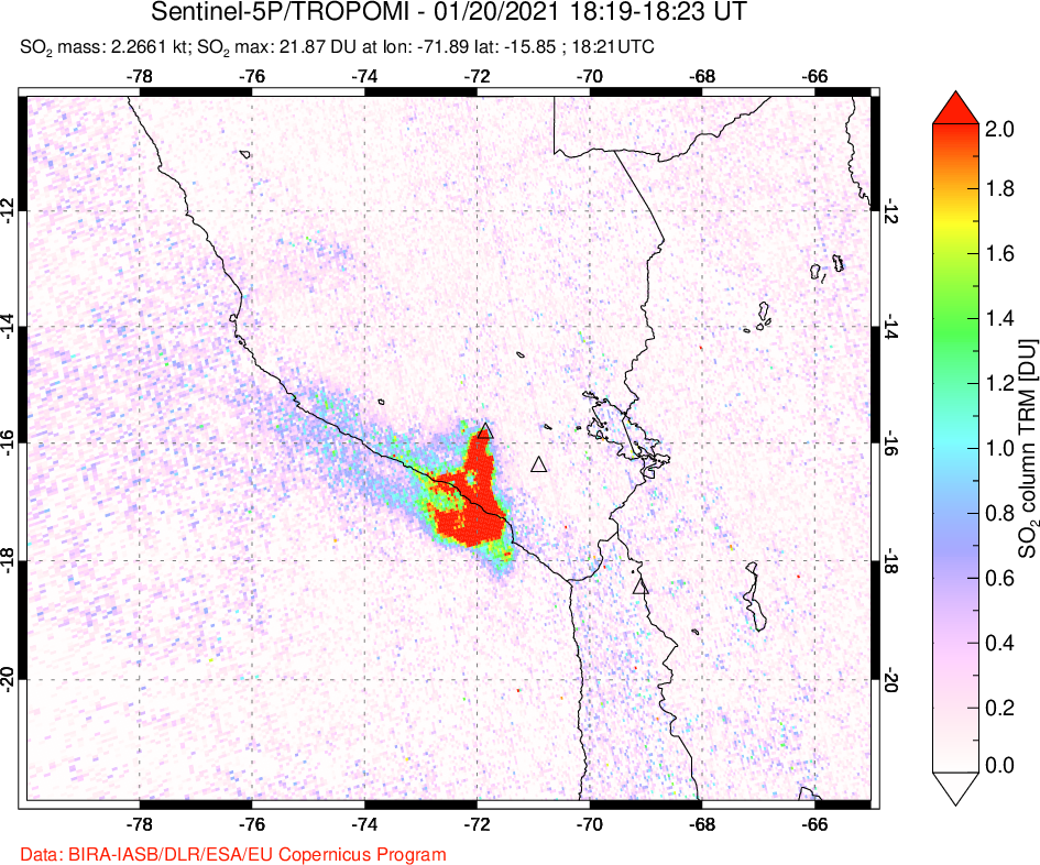 A sulfur dioxide image over Peru on Jan 20, 2021.