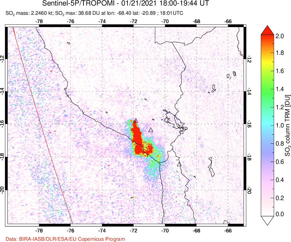 A sulfur dioxide image over Peru on Jan 21, 2021.