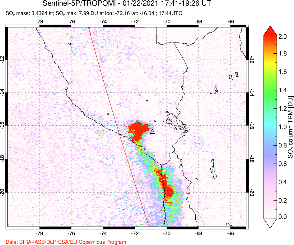 A sulfur dioxide image over Peru on Jan 22, 2021.