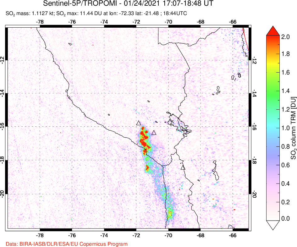 A sulfur dioxide image over Peru on Jan 24, 2021.
