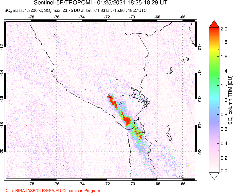 A sulfur dioxide image over Peru on Jan 25, 2021.