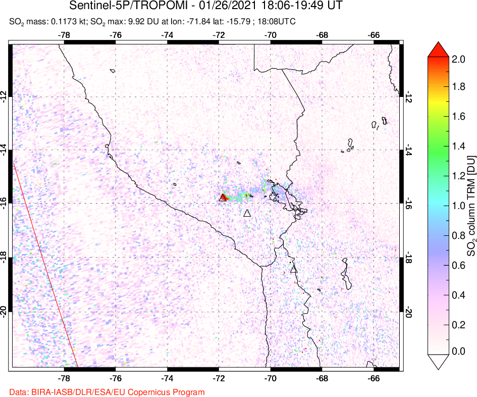 A sulfur dioxide image over Peru on Jan 26, 2021.