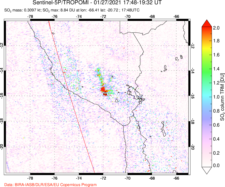 A sulfur dioxide image over Peru on Jan 27, 2021.