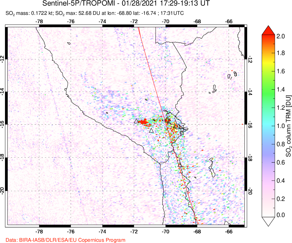 A sulfur dioxide image over Peru on Jan 28, 2021.