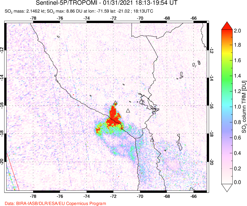 A sulfur dioxide image over Peru on Jan 31, 2021.