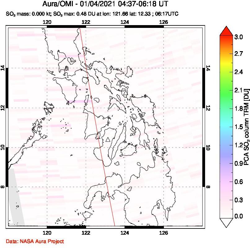 A sulfur dioxide image over Philippines on Jan 04, 2021.