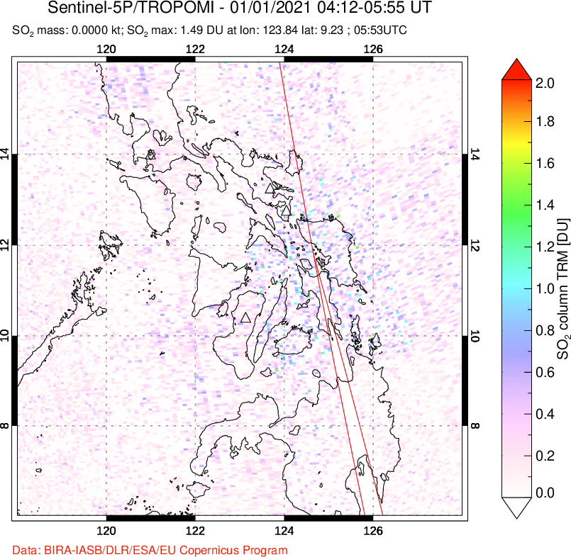 A sulfur dioxide image over Philippines on Jan 01, 2021.