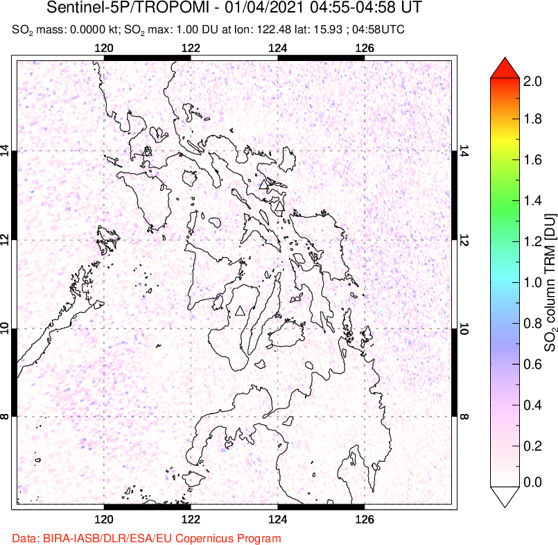 A sulfur dioxide image over Philippines on Jan 04, 2021.