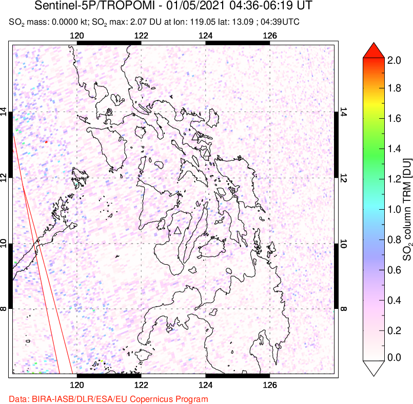 A sulfur dioxide image over Philippines on Jan 05, 2021.